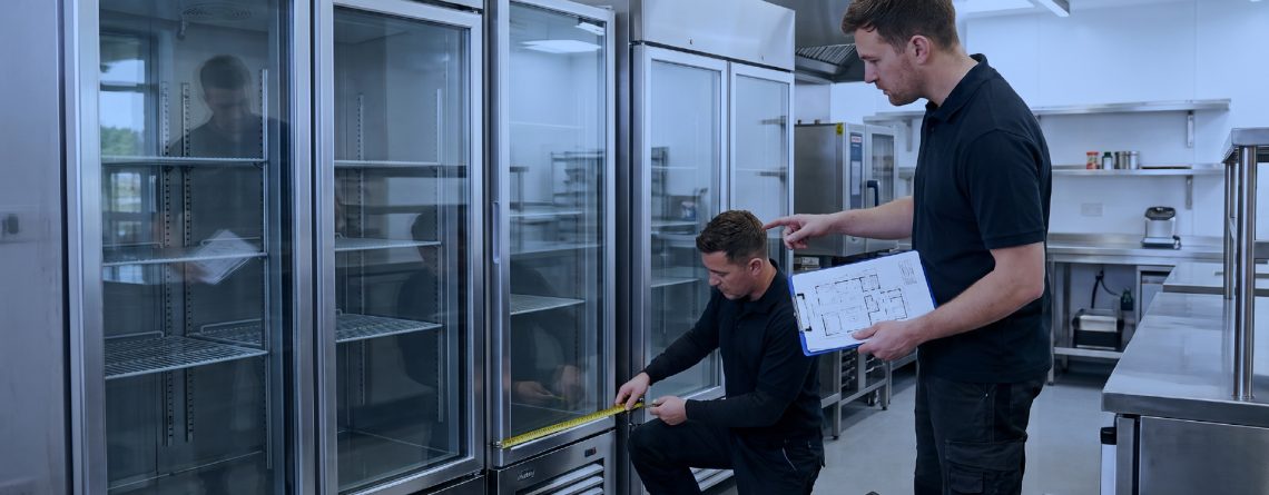 Commercial refrigeration installation planning with engineers measuring upright glass-door fridges in a professional kitchen.