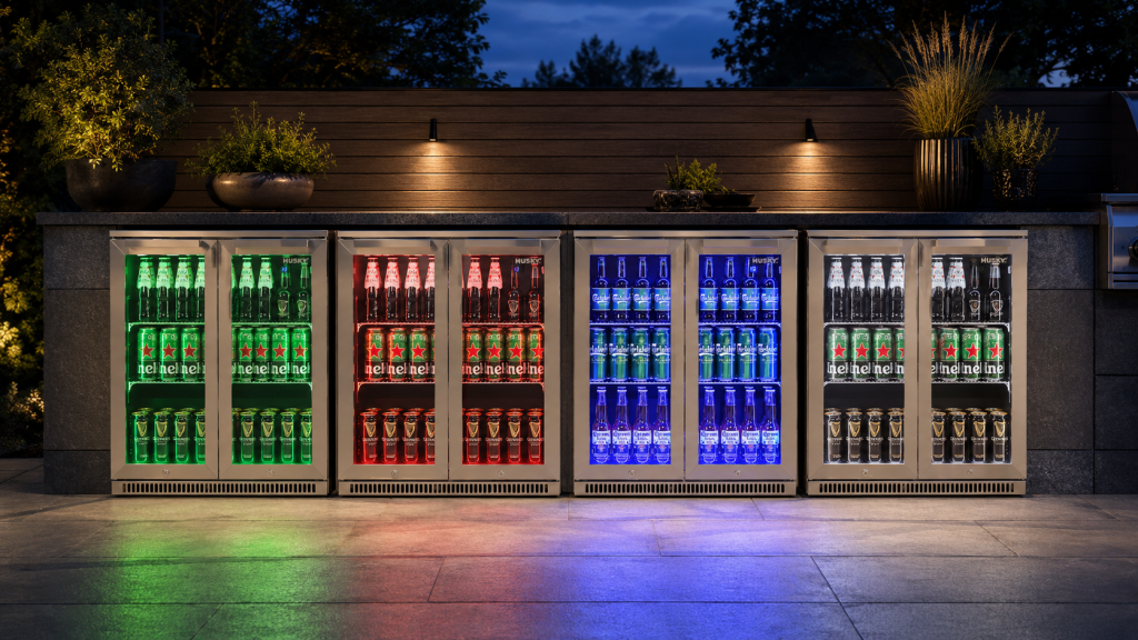 Husky Alfresco outdoor fridges displaying green, red, blue and white interior lighting.